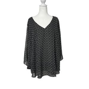 Worthington 2X Black White Long Sleeve Blouse Sheer Work Chic V Neck Business